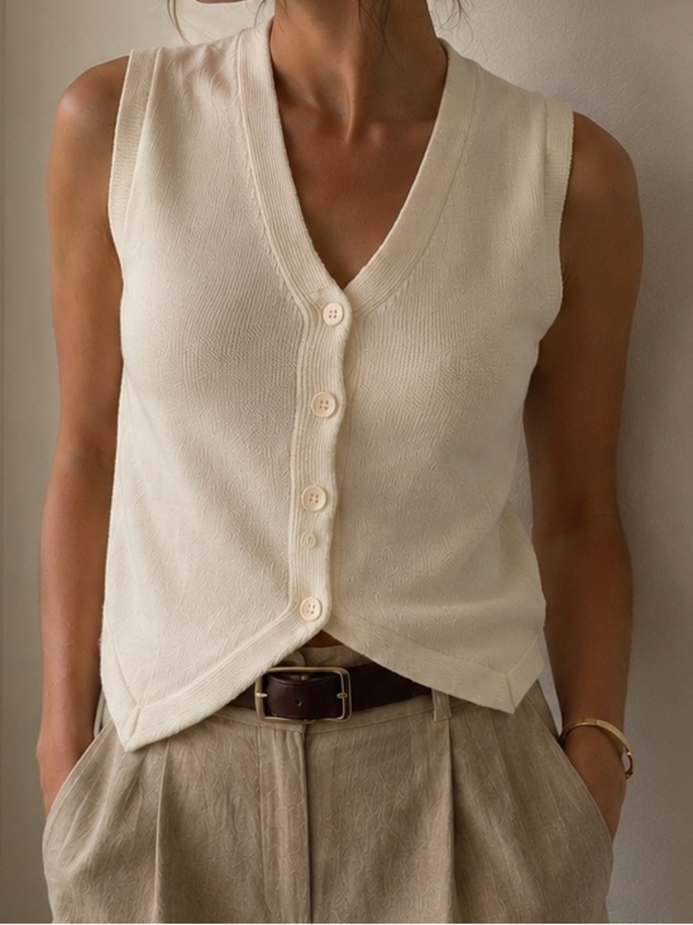 Cream Knit Button Front Vest Top Minimalist Soft Girl NWOT Medium